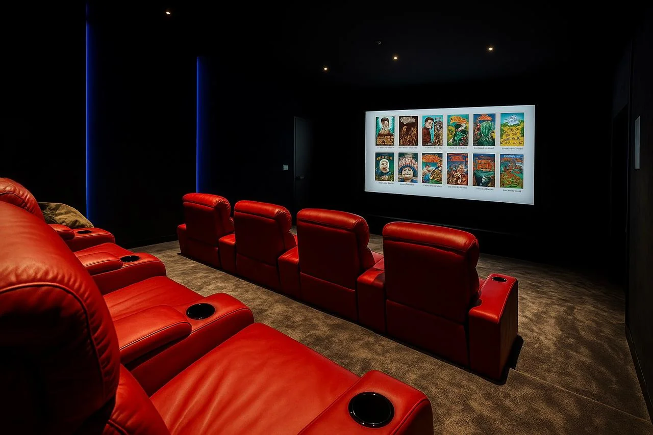 Luxury home cinema with red recliners, Sony projector, and Bowers & Wilkins Dolby Atmos sound system installed by LuxSmart Dubai.
