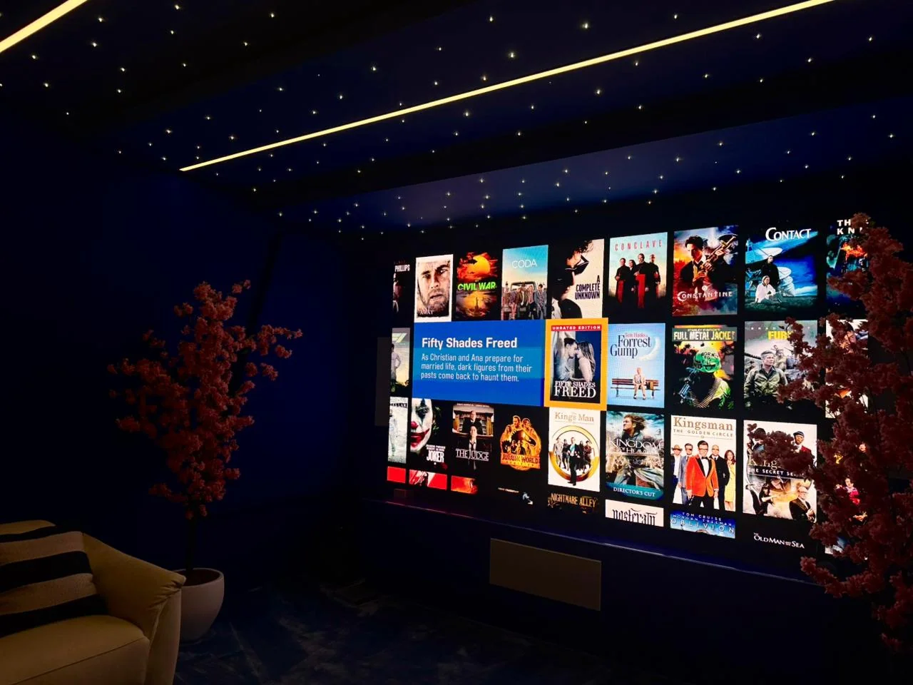 Home cinema with Kaleidescape movie player and KNX smart lighting system designed by LuxSmart UAE.