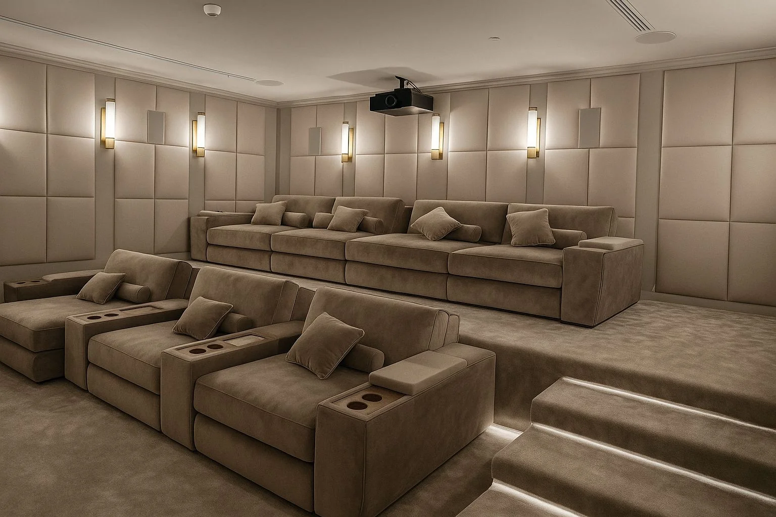 Private villa theatre with dual subwoofers, Dynalite lighting control, and AudioControl amplifier system by LuxSmart UAE.